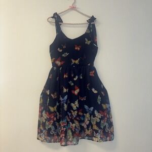 Butterfly Dress Sz Med Preppy 90s Y2K Zip Up Bows 2000s Girly Feminine Boho Blue